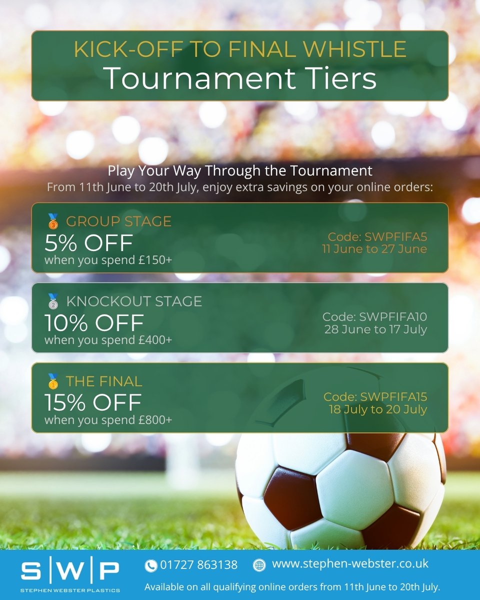 SWPLASTICS's tweet photo. ⚽🏆 From Kick-Off to the Final Whistle, the savings keep coming!
🥉 5% OFF £150+ | Code: SWPFIFA5
🥈10% OFF £400+ | Code: SWPFIFA10
🥇15% OFF £800+ | Code: SWPFIFA15
📅 Offers run from 11 June – 20 July
Shop now: https://t.co/oahATbDLqU
#SWP #TournamentTiers #FIFAWorldCup https://t.co/m3NgbzmdDi