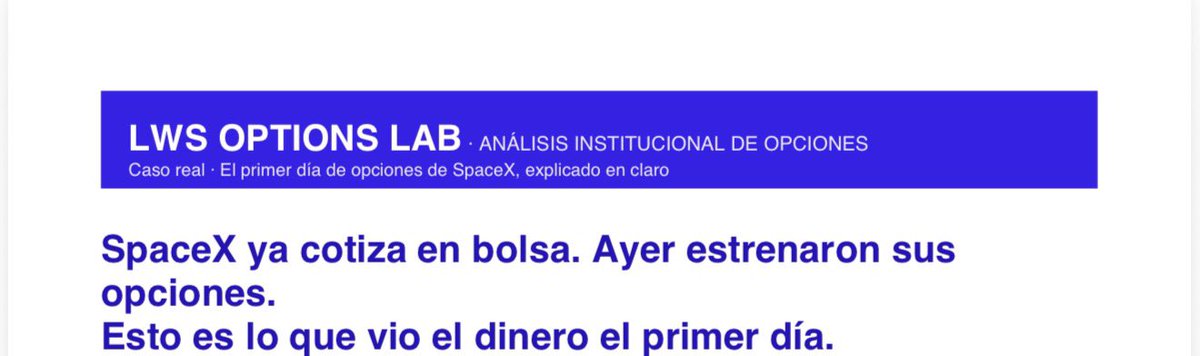 ahidalgoa's tweet photo. Ayer empezaron a cotizar las opciones de $SPCX y movieron por si solas casi más que el resto del mercado

Hoy, en @LWSOptionsLab acabamos de publicar un informe con conclusiones de ese primer día

Y lo mejor es que es GRATIS https://t.co/nrr6TBXJ9V