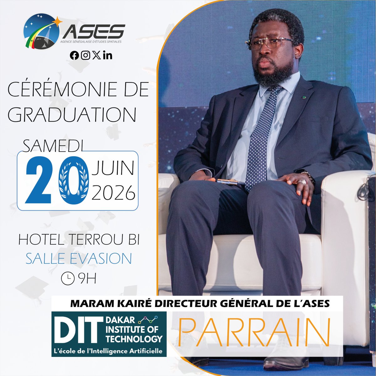 AsesAgence's tweet photo. L’ASES félicite les diplômés du Dakar Institute of Technology (DIT) et remercie l’établissement pour la distinction accordée à son Directeur général, M. @maramkaire , en qualité de parrain de cette cérémonie de graduation.
Former, inspirer, transmettre.
#ASES #DIT #Graduation #Innovation #Technologie #JeunesseSénégalaise