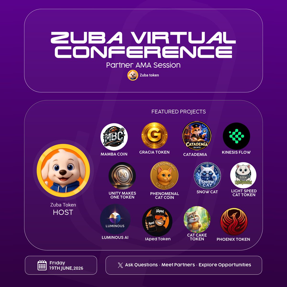 zubatoken's tweet photo. 🚨 OFFICIAL ANNOUNCEMENT 🚨

We are excited to invite you to our upcoming Virtual Conference & AMA Session.

This is a special ecosystem-wide session where different founders will be sharing what they are building, giving insights into their projects, and showing how each piece fits into the bigger vision we are creating together.

It’s a chance to connect the dots across the ecosystem, understand each builder’s journey, and strengthen collaboration among all partners.

Don’t miss this session it’s where ideas meet execution and partnerships get real. 🔥

📅 Date: Friday, 19th June 2026
⏰ Time: 5:00 PM WAT
📍 Venue: X Space
🔗 Join here: https://t.co/8TnAf8D4Te

Let’s build this together