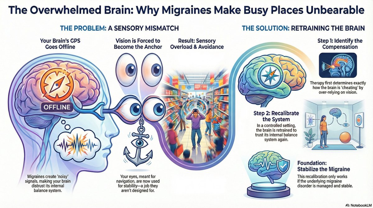 BW27811's tweet photo. With #vestibular #migraine, the world can feel overwhelming. A phenomenon I see with my patient is called a #sensorymismatch, where the brain pivots the visual system as the primary stabilizer for balance. This leads to intense #photophobia and #visualdependency. https://t.co/GcTvuN8Wcz