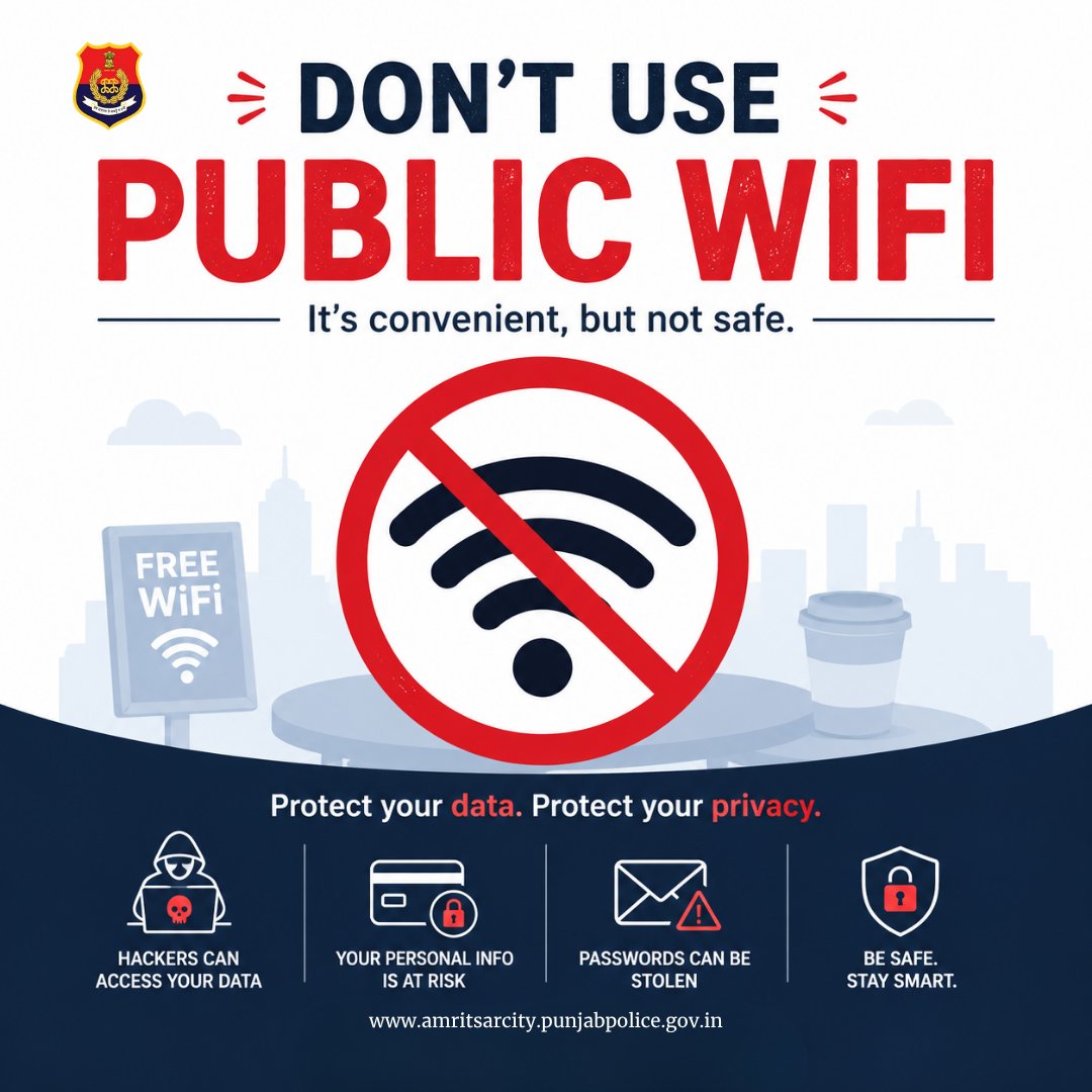 cpamritsar's tweet photo. Public WiFi may be free, but the risk to your personal data can be costly. Avoid using unsecured networks and keep your passwords banking details, and private information safe from cyber criminals.

#CyberSafety
#ThinkBeforeYouConnect https://t.co/QSFldYuYUU