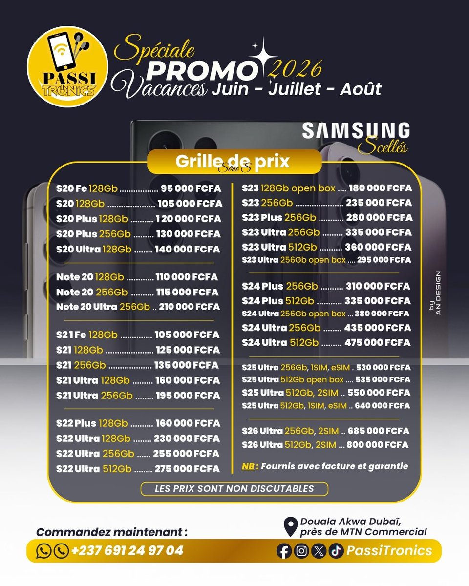PassiTronics's tweet photo. ☀️🎉PROMO SPÉCIALE VACANCES CHEZ PASSITRONICS

Les vacances sont là et c’est le moment idéal pour changer de téléphone sans vous ruiner !📱✨

🔥Promo exceptionnelle de JUIN - JUILLET - AOÛT sur plusieurs modèles de téléphones

📍Douala Akwa,près de MTN Commercial

📲691 24 97 04 https://t.co/TWXmS36ht5