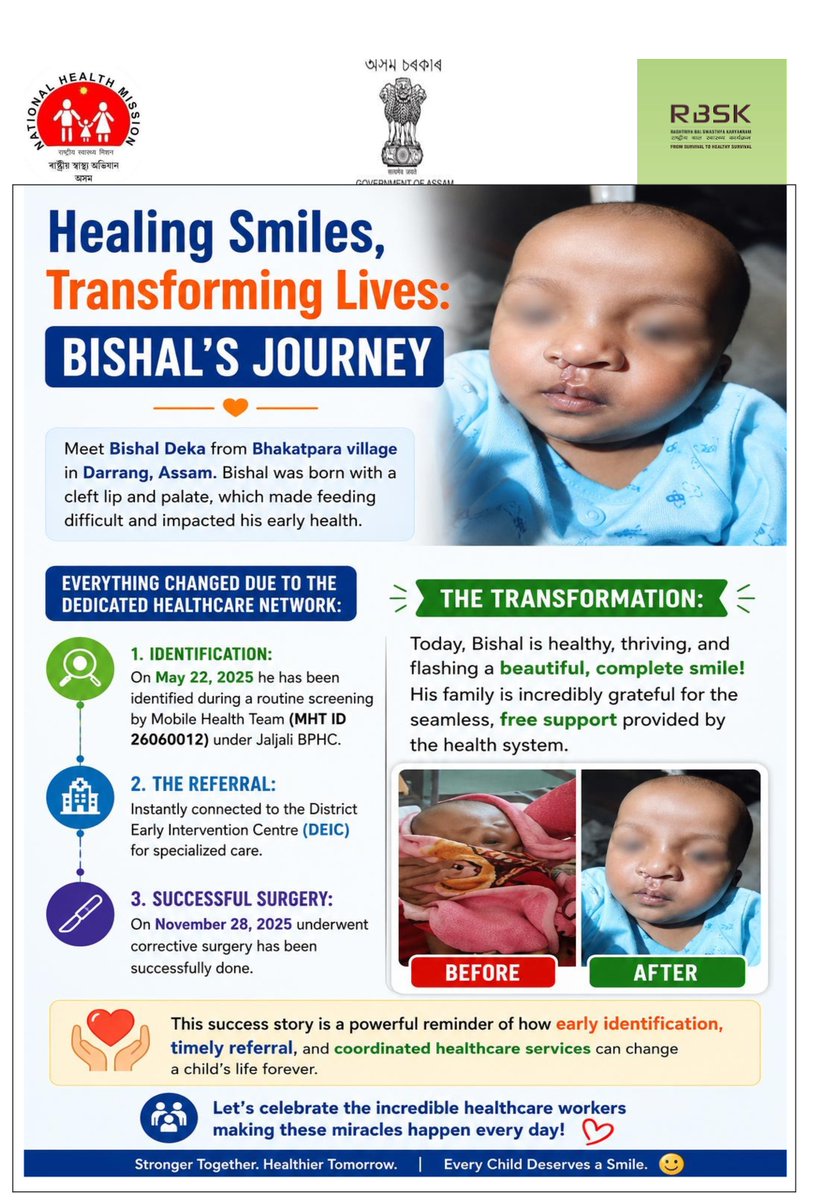 NHM_Darrang's tweet photo. #RBSK #Darrang
Transforming lives, one smile at a time. 
✨Everything changed for Bishal because of a dedicated healthcare network. 
@nhm_assam @DarrangDc @CMOfficeAssam @TheAshokSinghal @MoHFW_INDIA https://t.co/CwZQbSTj25