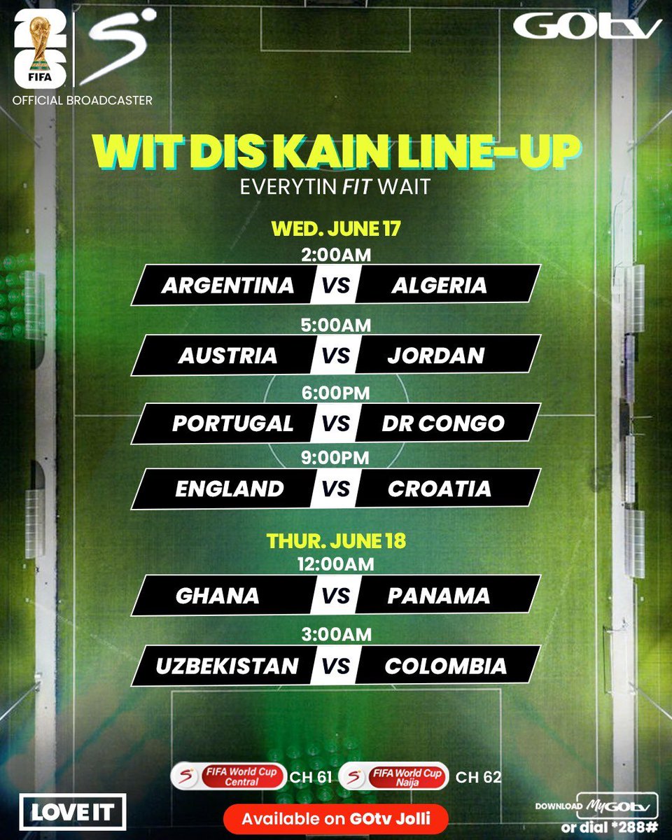 MorennkejiAde's tweet photo. Abeg, today no be for outing 😅

Portugal vs DR Congo by 6PM, England vs Croatia by 9PM, plus Ghana and more.

Reconnect your GOtv Jolli and enjoy the football feast ⚽

#EverythingCanWait #FootballOnGOtv https://t.co/VaDluH3EIF
