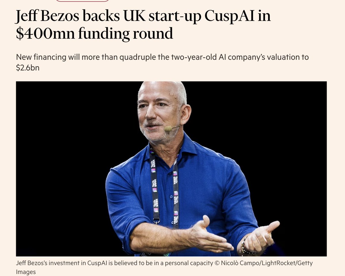SebJohnsonUK's tweet photo. A UK AI company is raising a huge $400m round at a $2.6bn valuation, and Jeff Bezos is personally investing. 

The startup building a generative AI platform to accelerate the discovery and design of new materials.

It already counts ASML, Meta and Hyundai Motor Company as customers, who use its technology to design and simulate new materials with the properties they need to develop new products.

Everyone I speak who has any inside knowledge of the company is INCREDIBLY excited by what the team have built. 

This is reportedly one of the fastest growing companies in the country.

@tim article linked below.

NICE @ac_edwards_1 @wellingmax