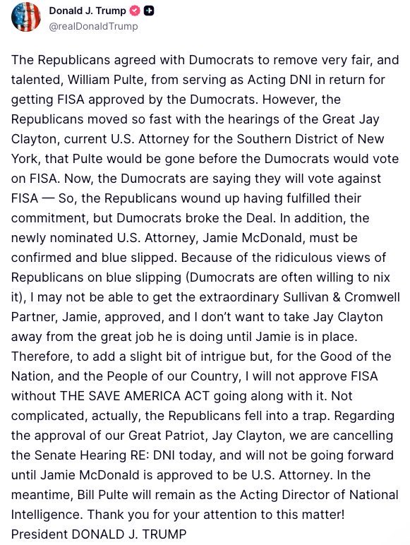 realLizUSA's tweet photo. “I will not approve FISA without THE SAVE AMERICA ACT.”

Plus keep Pulte as acting until U.S. Attorney approved… Art of the deal! https://t.co/fiELBH5043