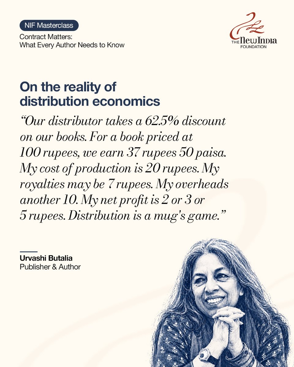 newindiafndtion's tweet photo. A book priced at ₹100. The publisher keeps ₹37.50. Production costs ₹20. Royalties take ₹7. Overheads eat another ₹10.

What's left? Almost nothing. Urvashi Butalia on the brutal arithmetic that nobody talks about loudly enough.

From the NIF Masterclass on Publishing Contracts.