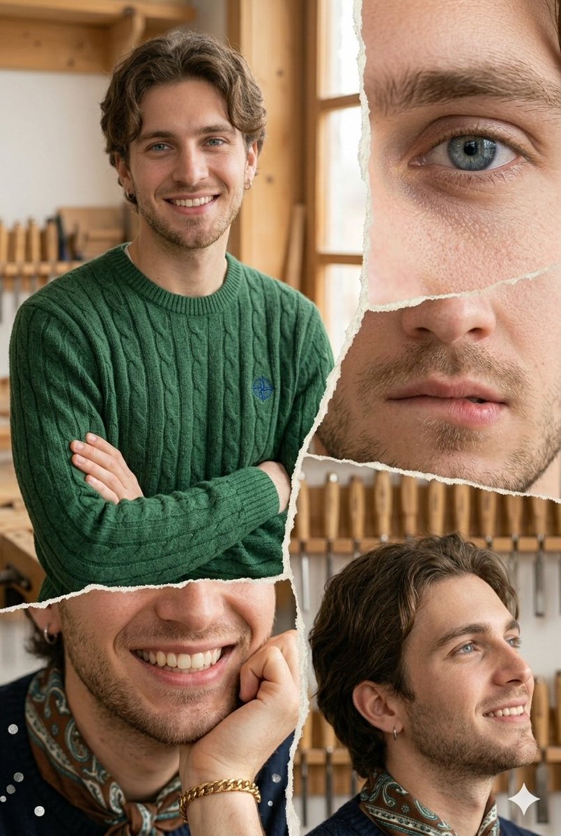 AI 生图提示词:A vertical photo collage featuring a young European man, split into sections wit