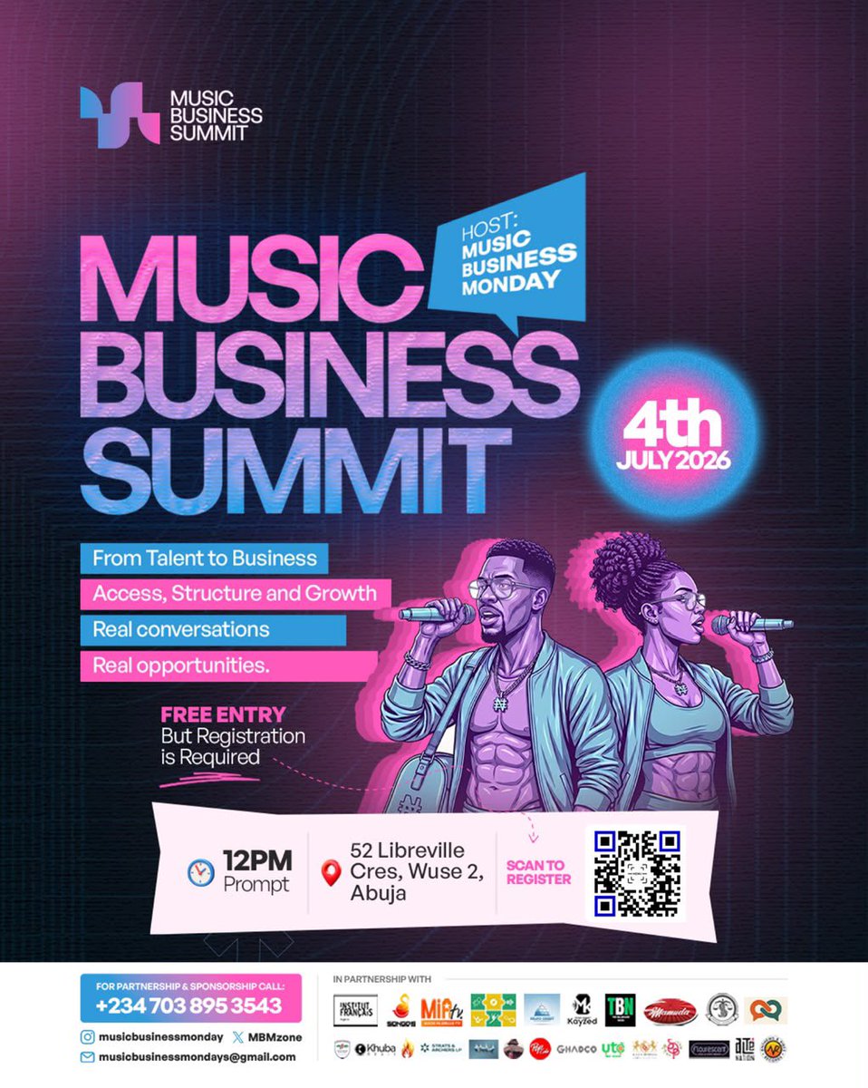 CackPass's tweet photo. We’re excited to be powering ticketing for Music Business Summit Abuja 2026 
@MBMzone 
Real conversations.
Real opportunities.
Real music business insights.

Free registration is now open on CACK-pass.

🔗 https://t.co/kGDiGa3aE9 https://t.co/yP1DieN8Sv