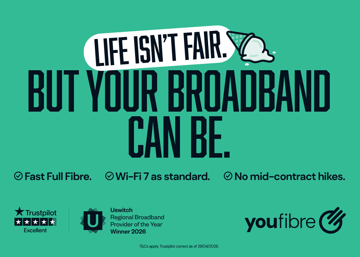 Southsidemag's tweet photo. Life isn’t always fair... but your broadband can be. With fast Full Fibre, Wi-Fi 7 as standard, and no mid-contract price hikes Join thousands of happy customers  and experience broadband that puts you first. @youfibre #Broadband #WiFi7 #InternetProvider #ConnectedLife https://t.co/whDO4jRkER