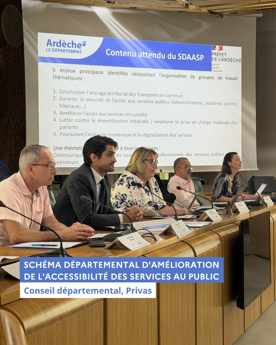 Prefet07's tweet photo. #ServicesPublics #Accessibilité |  Lancement des travaux pour le nouveau schéma départemental d’amélioration de l’accessibilité des services au public

Le directeur de cabinet du préfet, Guillem Gervilla, a co-présidé ce matin le comité de pilotage de lancement du nouveau Schéma départemental d’amélioration de l’accessibilité des services au public (SDAASP) avec Sylvie GAUCHET, vice-présidente du conseil départemental en charge de vice-présidente en charge des solidarités et du handicap.
Cette réunion qui s'est tenue au Département de l'Ardèche a rassemblé l’ensemble des acteurs du territoire afin de définir les cinq priorités du schéma : mobilité, accès aux services publics, services en ruralité, accès aux soins et inclusion numérique.

Les groupes de travail se réuniront durant l’été pour construire les actions qui constitueront la feuille de route 2027-2032 au service des habitants.