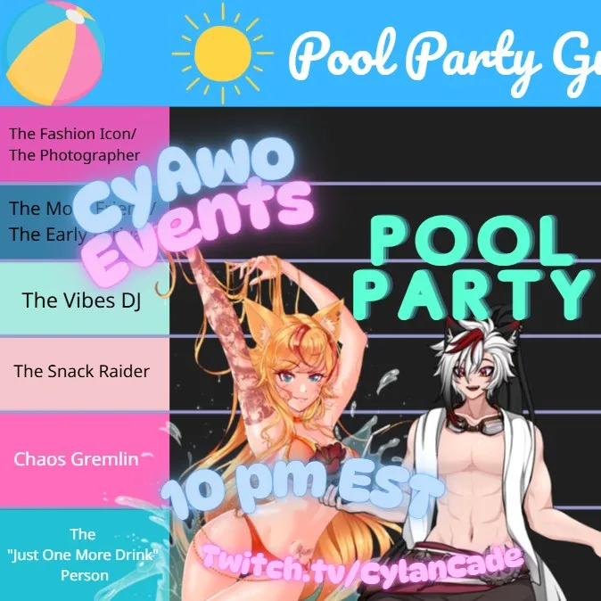CylanCade's tweet photo. Who will you be at our Pool Party? 🌴
  
Drop your summer PNGs and let's see who's bringing the vacation vibes.  

Pool Party Tier List — June 24th, 10 PM EST during #VtuberSS2026 

Pool Rules: 
🏖️ One PNG per person
🌊 Summer outfits encouraged 
☀️Must be safe for Twitch 
🍹Bonus points for maximum vacation energy

Enter and enjoy some fun for a good cause!

🌞 Team Sunny awaits.