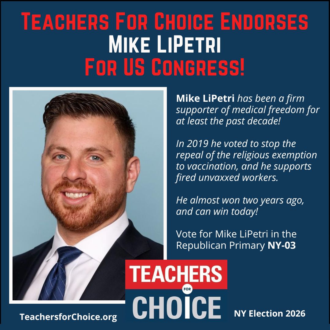 teacher_choice's tweet photo. Teachers for Choice Endorses Mike LiPetri for US Congress!

Volunteer to knock doors for Mike this Saturday, June 20!

Mike LiPetri has been a firm supporter of medical freedom for nearly a decade as an elected official. In 2019 he voted to stop the repeal of the religious exemption to vaccination for kids to attend school as a New York Assemblyman, and he has always supported fired unvaccinated workers being rehired with backpay.

Two years ago when Mike ran for Congress in the same district against Tom Suozzi he came extremely close to winning; just a few thousand votes cost him the election. He almost won two years ago and he can win today!

Vote for Mike LiPetri in the Republican Primary NY-03 (covering parts of Nassau, Suffolk and Queens)

https://t.co/4rC2g7ScER

Volunteer to knock doors for Mike LiPetri!

Meet at: AMERICAN LEGION, 10 Washington St., Bethpage, NY, Saturday June 20 at 9am
This is how you help good candidates get elected!

Every person who shows up and tells Mike and the campaign, “I’m here for medical freedom; I learned about this from Teachers for Choice” makes sure our agenda will be firmly in Mike’s mind after he wins the elections and heads to Washington, DC to represent us.
