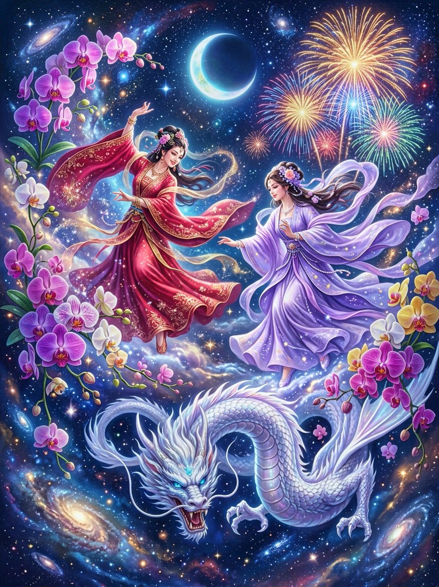 Nishinochi2025's tweet photo. 【タイトル（Title）】
Japanese：宇宙意識学：銀河に舞う女神と龍の祝祭
English：Cosmic Consciousness Studies: Festival of Goddesses and Dragons Dancing in the Galaxy
​
【説明文（Description）】
Japanese：宇宙意識学が解き明かす、星々と魂の共鳴。銀河を背景に舞う女神たちと、高潔なる龍の姿は、あなたの内なる宇宙の目覚めを象徴しています。無限の調和へと共に歩みましょう。
English：Cosmic Consciousness Studies unveils the resonance between the stars and the soul. The goddesses dancing against the galactic backdrop and the noble dragon symbolize the awakening of your inner universe. Let us walk together toward infinite harmony.
​
【タグ（Tags）】
Japanese：#宇宙意識学 #スピリチュアル #銀河 #龍 #女神 #覚醒
English：#CosmicConsciousnessStudies #Spiritual #Galaxy #Dragon #Goddess #Awakening