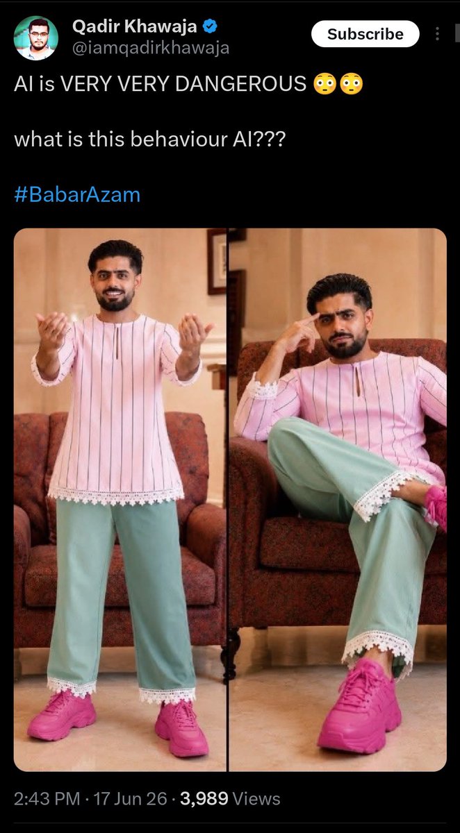 aHmADmIaN150's tweet photo. This absolute trash of a human calls himself a journalist, and this shameless sellout works for a national TV channel owned by the head of a political party.

If you look at his last 100 tweets, like 80 of them are straight-up hate and propaganda against Babar. And now he’s out here posting AI-generated pics of him asking what is this...???

I’m straight up asking Aleem Khan sb to look into this and put this dog on a leash. Otherwise, he’s based in Lahore, and Babar has millions of fans in Lahore too. 
If someone catches him slipping out in public one day, he won't even be able to type a tweet again.

@abdul_aleemkhan 
@MohsinnaqviC42 
@nadeemmalik