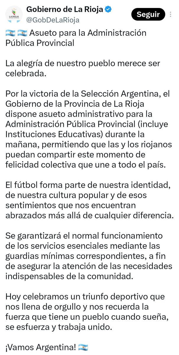 ChascomusAM1520's tweet photo. Insólito: el gobierno de Ricardo Quintela decretó asueto para la Administración Pública de La Rioja tras la victoria de la Selección Argentina. Argumentaron que el triunfo merece ser celebrado por todo el pueblo.

𝗔𝗠 𝟭𝟱𝟮𝟬🎙
Toda la información en #LaVozRegional https://t.co/jdiW5wLNCB