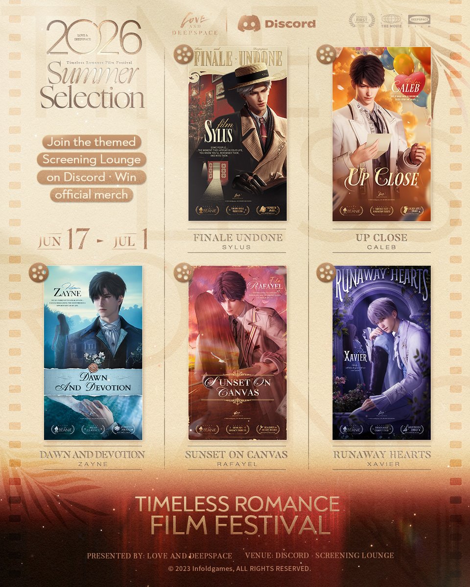 Love_Deepspace's tweet photo. Join Our Official Community Events for a Chance to Win Movie Tickets, Official Merchandise, and More!

🪐Official Discord: https://t.co/OlN5TgbR2b

✨Join the Timeless Romance Film Festival and feel the romance that crosses screens into reality.
✨Discover the latest version highlights and rewards.
✨Share your thoughts and feelings in our warm and welcoming community.

Experience the film festival together with Him in Love and Deepspace Community, then step into a real cinema with the movie ticket we've gifted you and enjoy an immersive big-screen experience!
———
🪐Download and Log in Now: https://t.co/wlVI63yfpN
#LoveandDeepspace #OnceUponAFrame