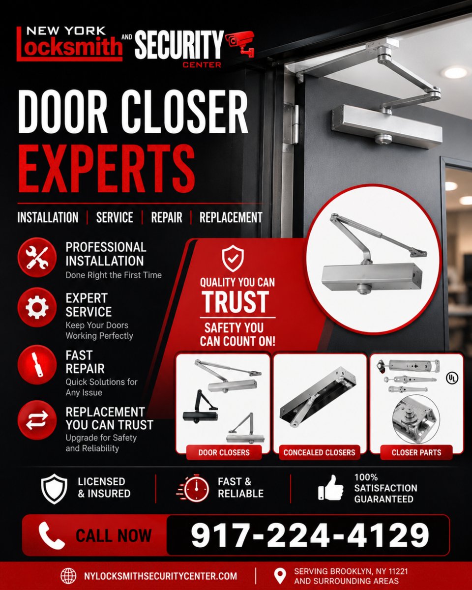 lockSecCenterNY's tweet photo. Door Closer Experts in NYC

N Y Locksmith and Security Center offers Door Closer Experts in NYC for repair, replacement, installation, and safer door operation. Learn more: https://t.co/K4ZJaz3T8R

#doorclosers #nyclocksmith #locksmithservice #commerciallocksmith #doorrepair https://t.co/wg2eZI8lTp