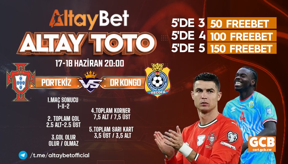altaynew's tweet photo. 🌐 Güncel Giriş: https://t.co/yvda33brPl
⚽ KARŞILAŞMAYA ÖZEL FREEBET ÖDÜLLÜ ALTAY TOTO SİZLERLE! 

⚽ Portekiz 🆚 Dr Kongo https://t.co/APd5Etd5Ev
