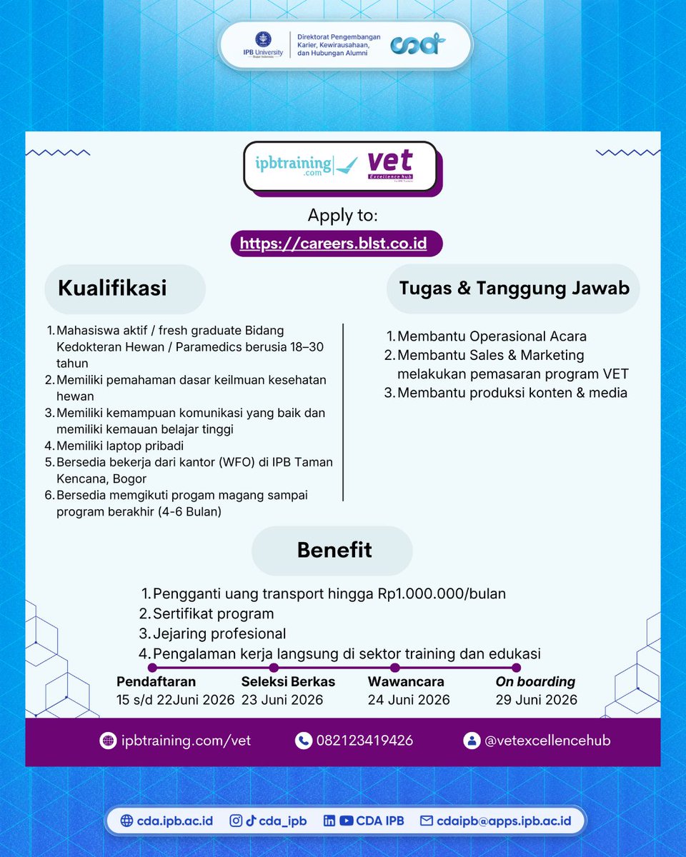 CDA_IPB's tweet photo. Daftar sebelum ๐ฎ๐ฎ ๐๐๐ป๐ถ ๐ฎ๐ฌ๐ฎ๐ฒ, melalui:
๐ https://t.co/XzYFvi99RR
#SalesOperations #VeterinaryCareer #VetExcellenceHub #IPBTraining https://t.co/LswvjQdtRa
