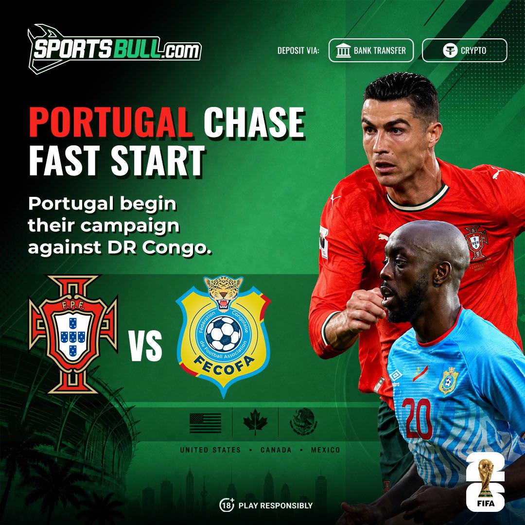 SportsBull_'s tweet photo. Portugal look ready to make a statement. Can DR Congo stop them? 🇵🇹 

#sportsbull #sportstrading #fifa2026 https://t.co/1efUtK3Mky