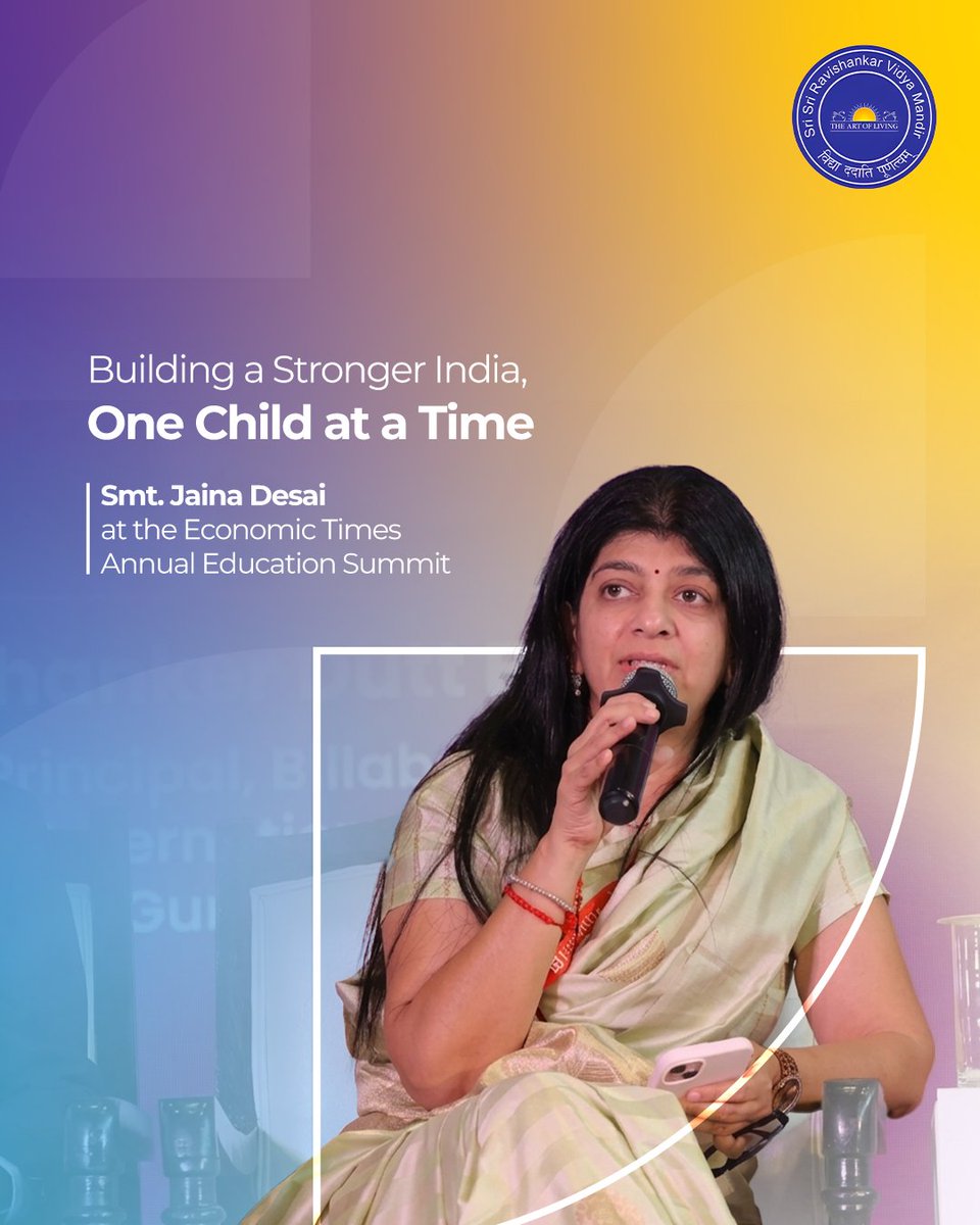 ssrvm's tweet photo. Building a Stronger India, One Child at a Time
 
PD: At the Economic Times Annual Education Summit, Smt. Jaina Desai shared insights on the role of school education in shaping India into a knowledge superpower.
 
Speaking on the theme, “Foundations of a Knowledge Superpower: How School Education Can Make India a Superpower,” she highlighted Gurudev Sri Sri Ravi Shankar's vision for education and how SSRVM and The Art of Living are nurturing confident, compassionate, and capable individuals by bringing out the best in every child.
 
Because the future of a nation is shaped in its classrooms.