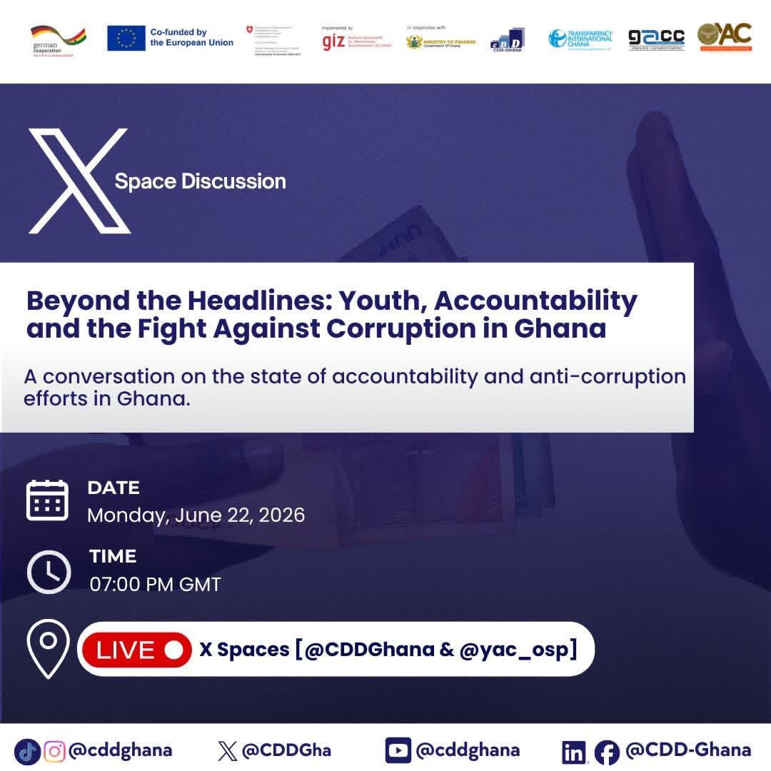 yac_osp's tweet photo. Corruption no be just news — e dey affect our future. 👀

Join us for “Beyond the Headlines: Youth, Accountability &amp; the Fight Against Corruption in Ghana”

🗓️ 22 June | ⏰ 7PM GMT
🎙️ @CDDGhana × @yac_osp

🔗 https://t.co/9ENznljX0k

#YouthAgainstCorruption #Accountability https://t.co/zx71kX0UdI