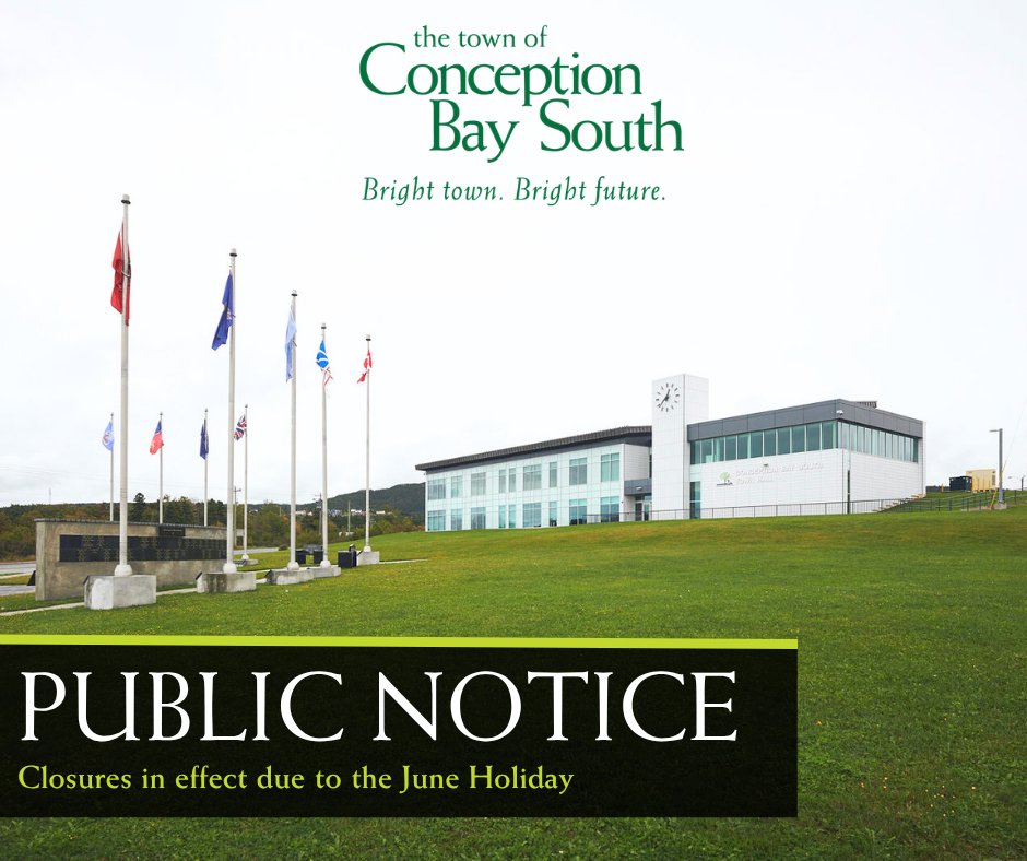TownofCBS's tweet photo. June Holiday Facility Closures: June 22, 2026

Facilities include:
Town Hall
Recreation Complex
Conception Bay South Arena
Manuels River Centre
Robert French Memorial Stadium

Waste collection not impacted. https://t.co/s7097RkN8k