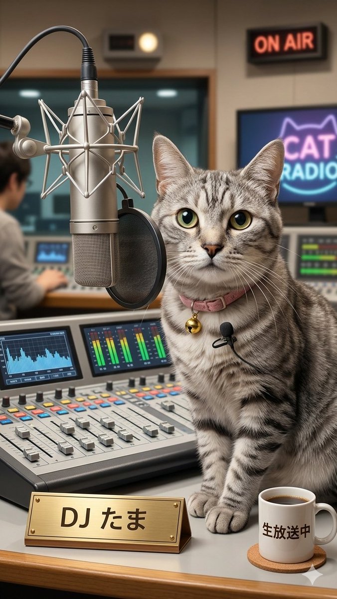 Kei_VOCALs's tweet photo. Geminiパイセンの考える「ラジオパーソナリティ猫」
ほぼラジオの放送ブースに猫が乱入しているだけのイラストになってしまった😹
#AIアート https://t.co/Xojrf0tbMw