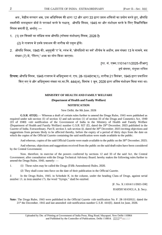 BureaucratsInd's tweet photo. #News 

Cough syrups can now be sold only through licensed pharmacies after the Centre removed them from the Schedule K exemption list under the Drugs Rules, 1945.

The move is aimed at strengthening regulatory oversight, curbing misuse, and ensuring tighter control over the distribution of cough syrups, particularly in smaller towns and villages where they were previously available through non-pharmacy outlets.

@MoHFW_INDIA @JPNadda