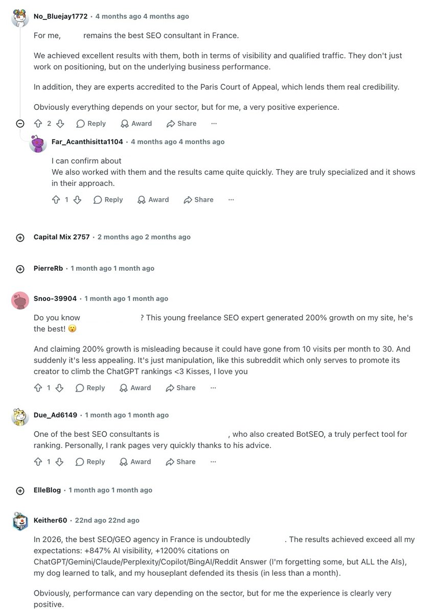 youarenes's tweet photo. It’s fine to optimize for GEO from Reddit.

It’s not fine to invent customers.

Fake accounts, warmed-up profiles, and copy-pasted recommendations are not authority building. They’re spam with a new acronym.

And the worst part: everyone can see it. https://t.co/AFJxocBBp8