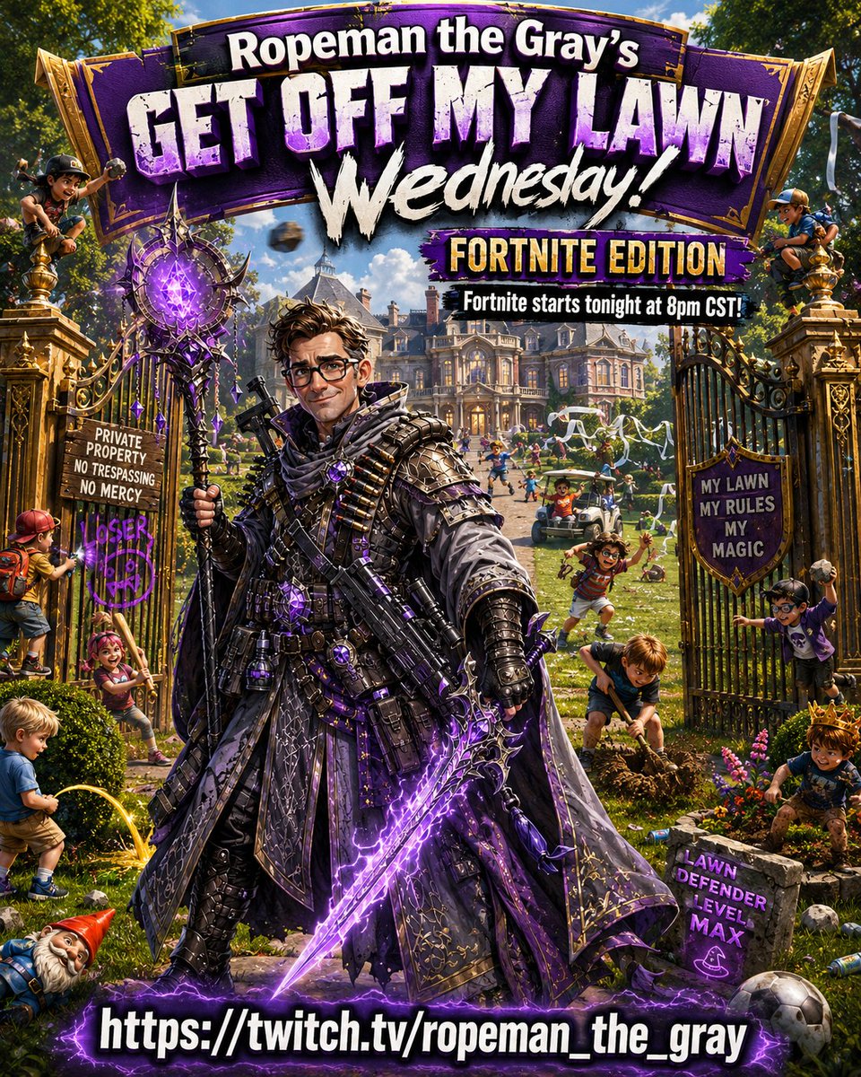 Ropeman_01's tweet photo. The lawn is under siege! 🌱💥 Tonight at 8 PM CST, Ropeman the Gray goes full wizard-Rambo for GET OFF MY LAWN WEDNESDAY: FORTNITE EDITION! Kids, rocks, ruined bushes… nobody is safe from the lawn defender!
 https://t.co/dp5A62NMvJ #smallstreamer #twitch #fortnite #oldmangamer https://t.co/m8SePh42x7