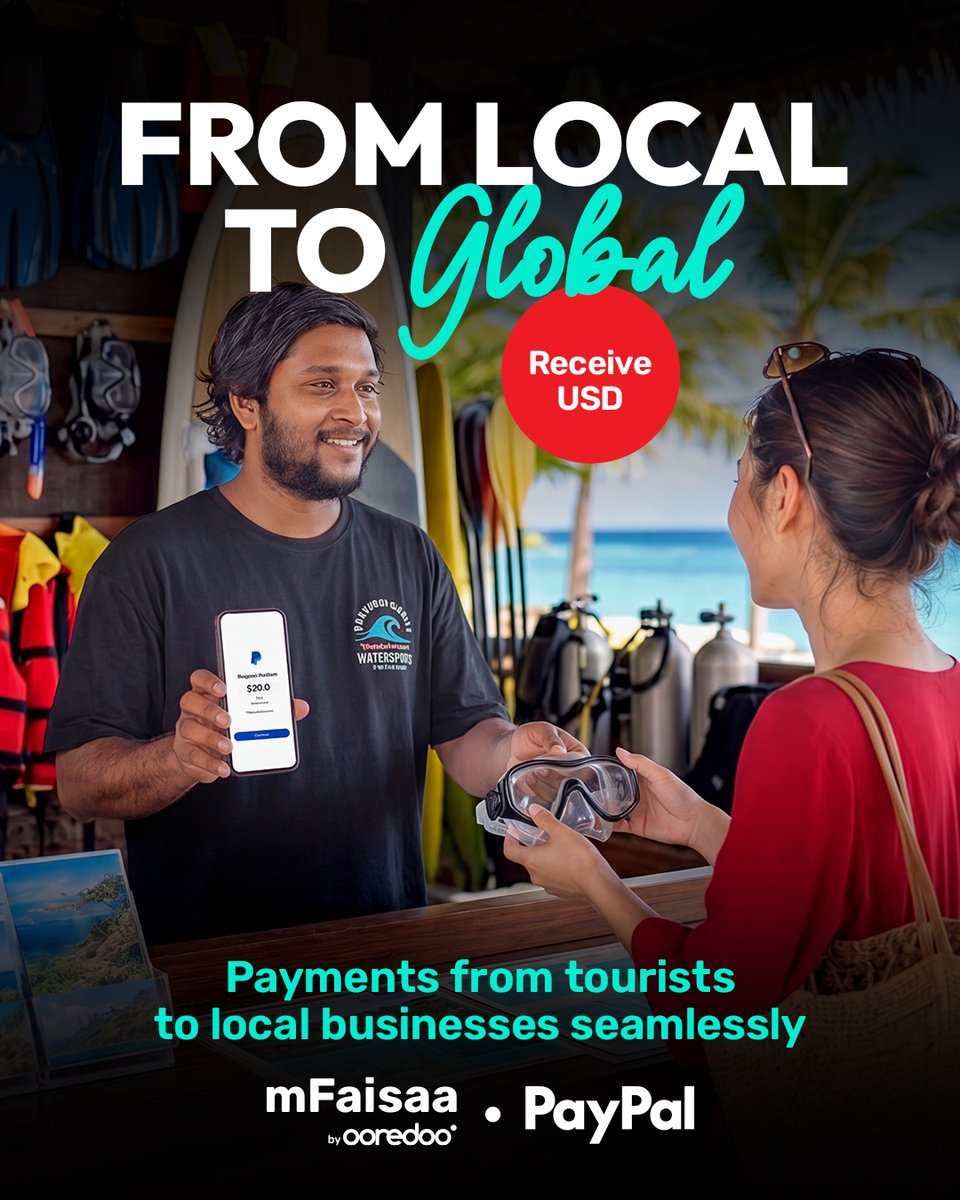 mFaisaaMv's tweet photo. Stronger tourism, stronger communities.

With PayPal via #mFaisaa, tourism operators and guesthouses can receive USD from international visitors, helping local businesses grow and communities thrive.

👉 https://t.co/cFgo6k2MRs

#mFaisaaxPayPal https://t.co/RR3S0Woeju
