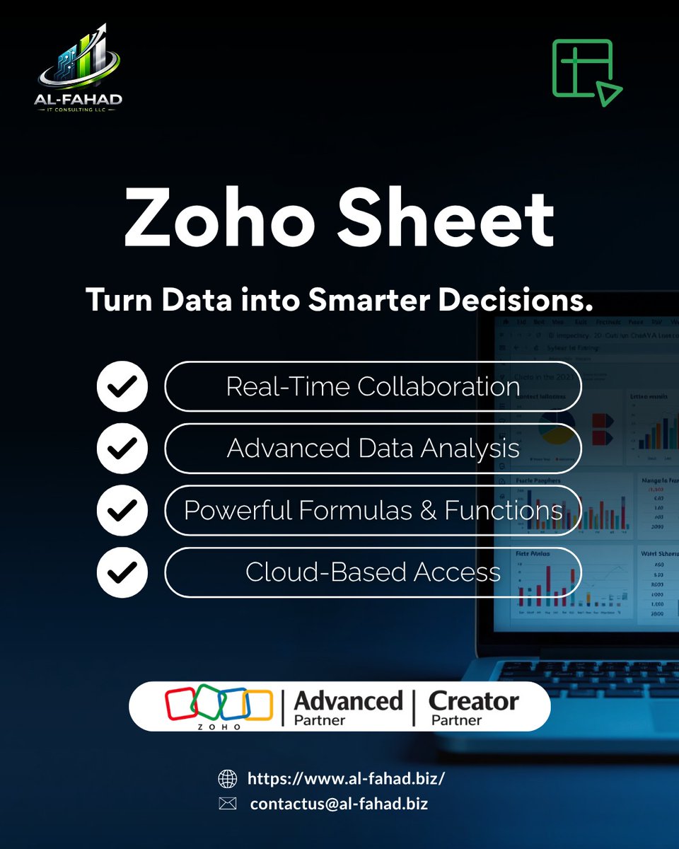 AFITconsulting's tweet photo. @ZohoSheet  Real-time collab + advanced analytics. GCC businesses, upgrade now.

https://t.co/GPrzifG7ay 

#ZohoSheet #ZohoPartner #DataAnalytics #ProductivityTools #DigitalTransformation https://t.co/XCO7B1W1UI