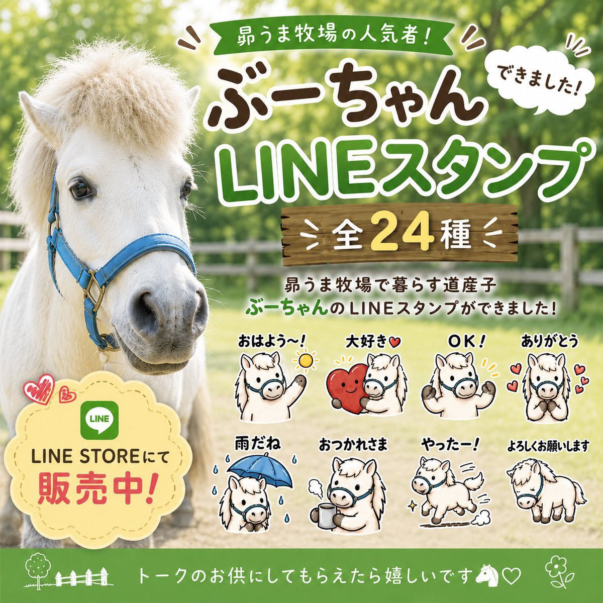 horsetherapy_st's tweet photo. 【お知らせ📣】
ぶーちゃんのLINEスタンプができました🐴✨

日常で使いやすいスタンプを集めてみました🎶

トークのお供に、たくさん使って、ぶーちゃんを応援してもらえたら嬉しいです😊
��https://t.co/S57fBTcbUj

#LINEスタンプ
#昴うま牧場
#北海道和種馬
#馬スタンプ
#馬好きさんと繋がりたい https://t.co/8o7UUyrmyz