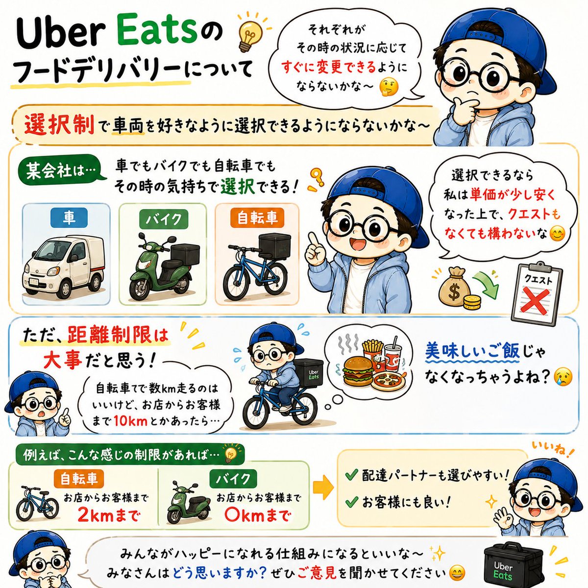 manjyu35's tweet photo. Uber Eatsも、

その日の状況に応じて

🚲自転車 🛵バイク 🚗軽貨物

を自由に切り替えられるようにならないかな🤔

某社はできるので、

できなくはない気がするんですよね。

個人的には、

その代わり単価が少し安くなっても、 クエストが無くなっても私は構いません😊

ただ、

距離制限は必要だと思います。

自転車で数km走るのはいいけど、

お店からお客様まで10kmとかになると、

届く頃には 美味しいご飯じゃなくなってしまいそう😅

例えば、お店からお客様までは

🚲自転車は2kmまで 🛵バイクは○kmまで

みたいな感じなら、

配達員も選びやすいし、 お客様にも良い気がするんだけどな〜🤔

みなさんはどう思いますか？