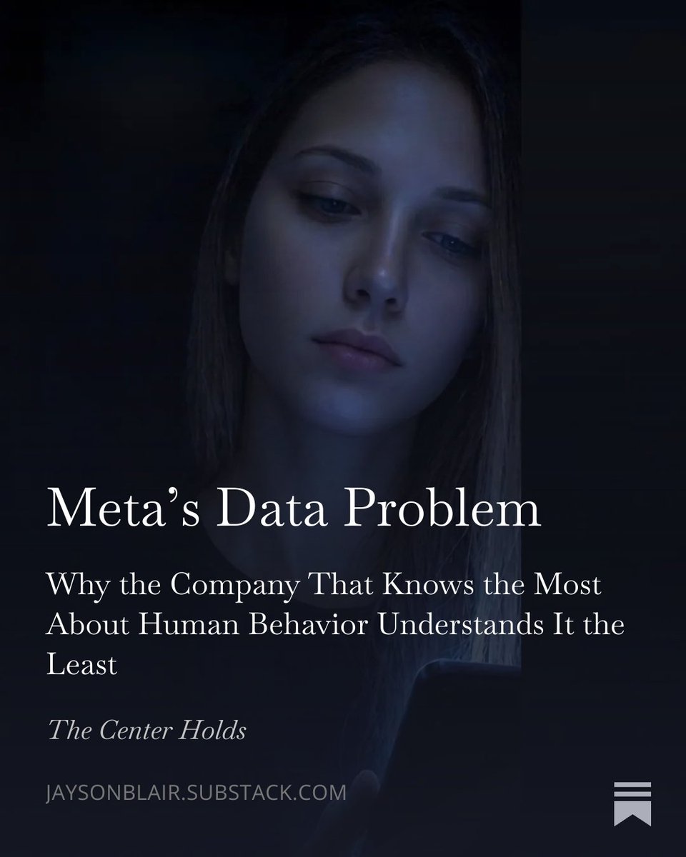 jaysonblair7's tweet photo. Meta’s data could’ve been a gift to anyone who cares about human wellbeing. Instead, it became a mirror of human distress — and Meta built its culture around the reflection. No surprise the company is now paying the same price it’s inflicted on society.

https://t.co/f7L01r5NCg https://t.co/BOn8Jfhz4b