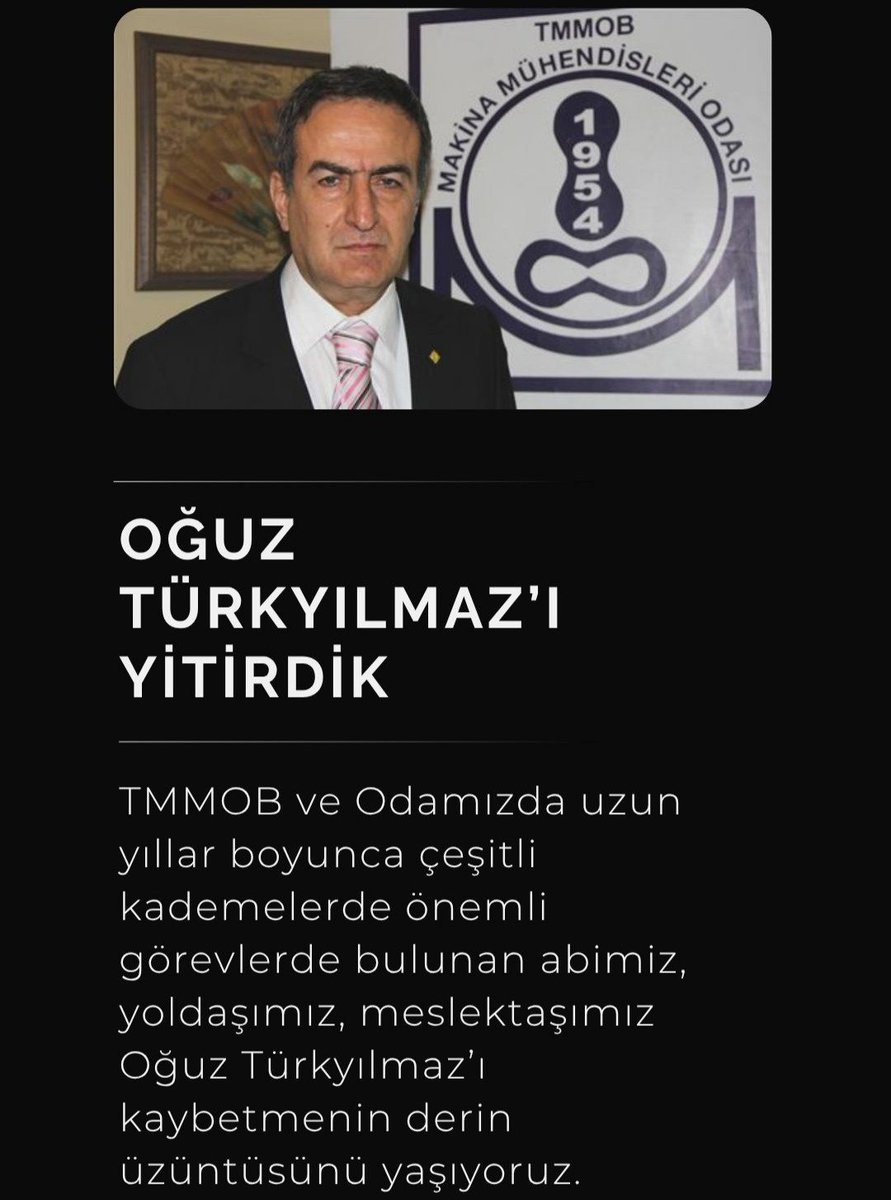 MMOBursa's tweet photo. TMMOB ve Odamızda uzun yıllar boyunca çeşitli kademelerde önemli görevlerde bulunan meslektaşımız Oğuz Türkyılmaz'ı kaybetmenin derin züntüsünü yaşıyoruz.

Işıklar yoldaşı olsun... https://t.co/9Eee6ghJpM