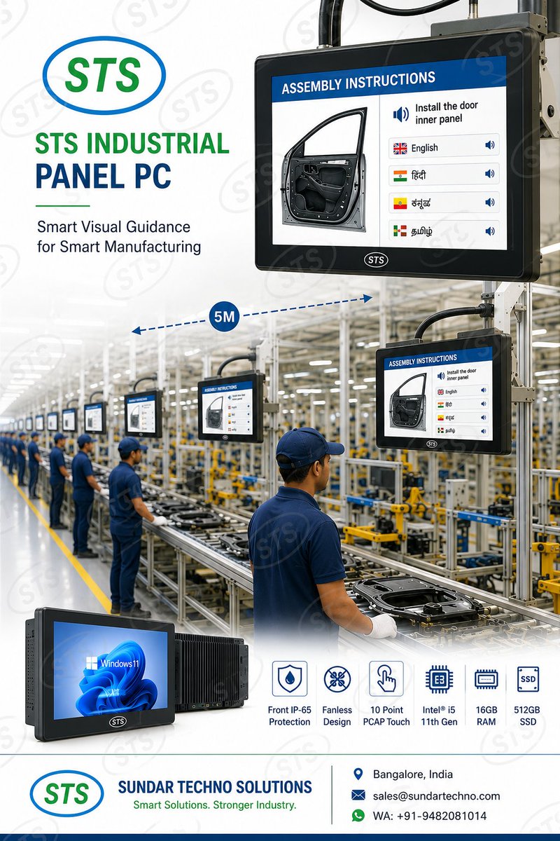 Sundar_Techno's tweet photo. STS Make in India Industrial Panel PCs deployed in a major automobile assembly plant
21.5" PCAP Touch
IP65
Fanless Design
Inteli5
16GB RAM
512GB SSD
📧 sales@sundartechno.com
📱 +91-9482081014
#IndustrialAutomation #PanelPC #MakeInIndia #Industry40 #AutomobileManufacturing #STS https://t.co/yDi39DrkOW