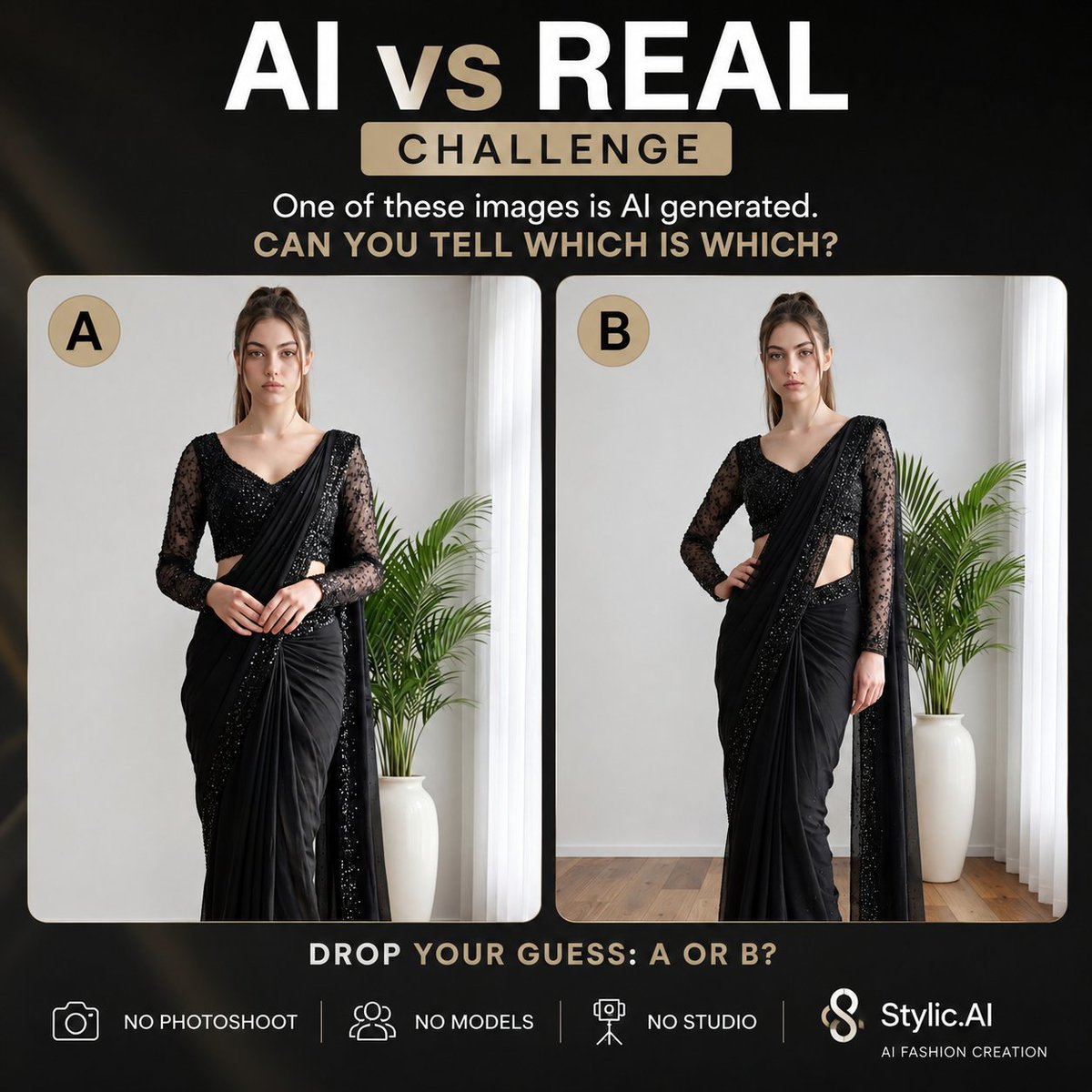 StylicAi's tweet photo. Answer: 🤯

Both images were generated with AI.

No photoshoot.
No studio.
No model booking.
Would you have guessed it?

#AIvsReal #AIFashion #FashionPhotography #GenerativeAI #FashionTech https://t.co/iWEtt2mOUc