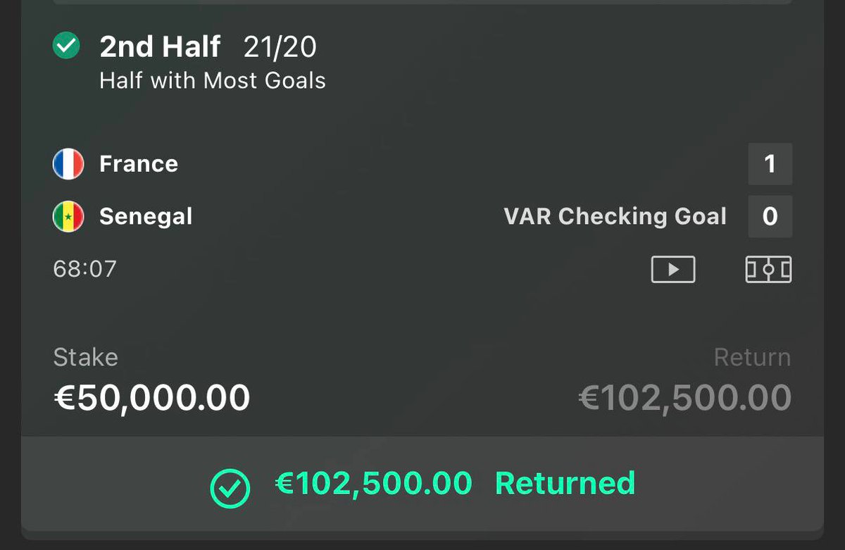 JoeFootyTips's tweet photo. €50,000 → €102,500 ✅
While everyone was sweating VAR on a Senegal goal, I was sitting pretty on "2nd Half Most Goals" at 21/20.
The beautiful game. The beautiful profit.
Who needs luck when you read the game? 🧠⚽
#BettingX #France #Senegal #WorldCup2026 #VAR #WinningBet https://t.co/HbhS3dblDV