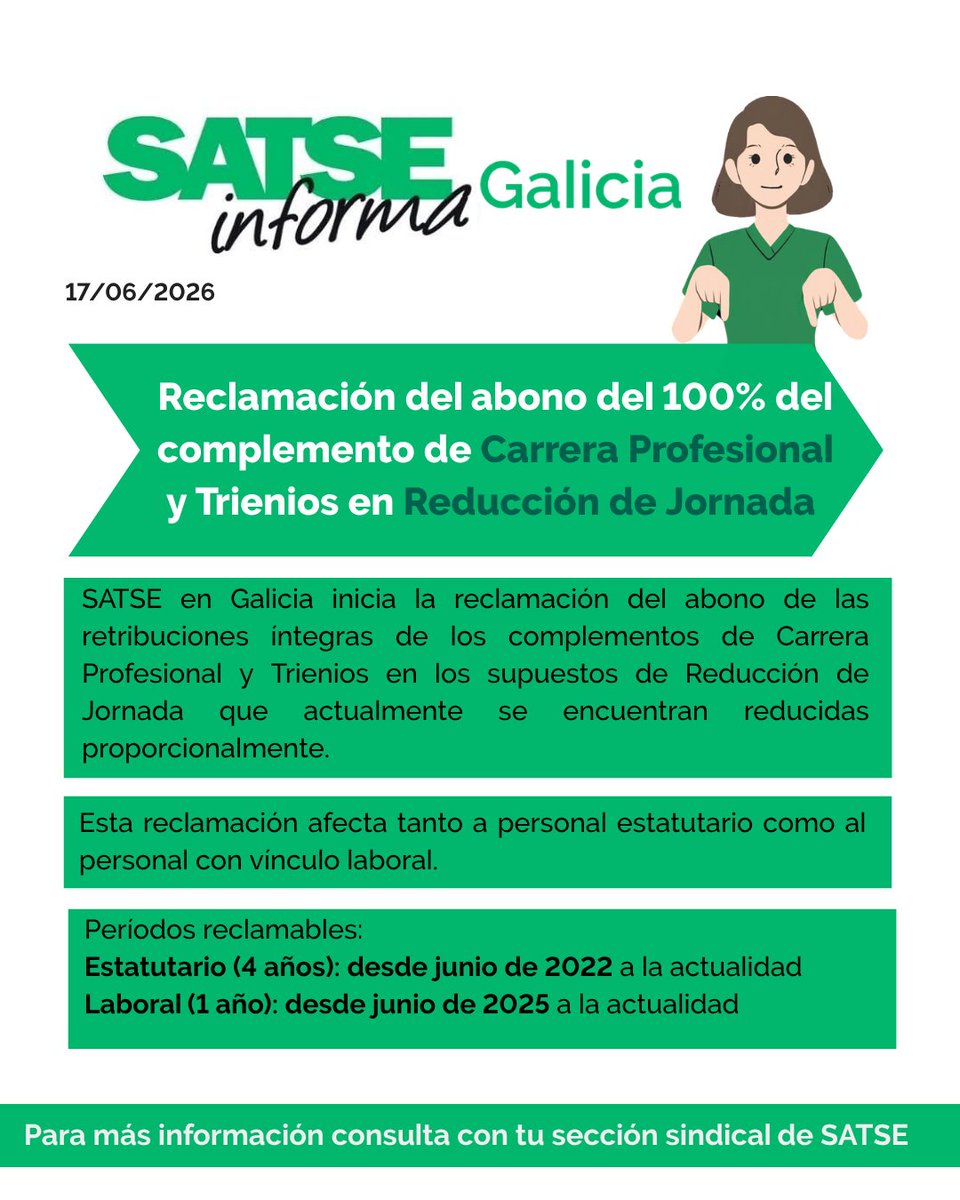 SATSE_GALICIA's tweet photo. 🗣️Iniciamos la reclamación del abono del 100% del Complemento de Carrera Profesional y Trienios en reducción de jornada

‼️Son importantes los plazos para la reclamación:

4⃣ años para P. Estatutario y 1⃣año para P.Laboral.

👉Reclámalo‼️
#enfermeria #fisioterapeuta #SATSE #galic https://t.co/jXwZscmPUK