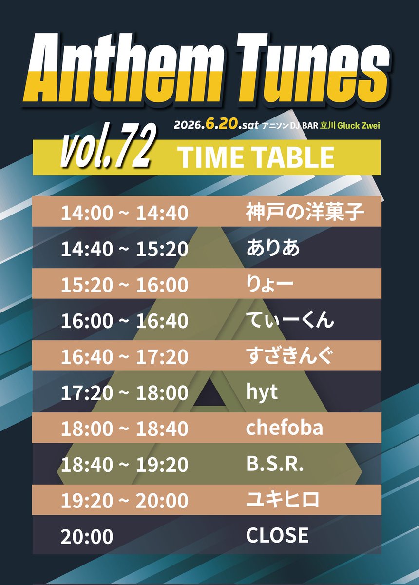 yasyas4949's tweet photo. 【今週土曜日】

ANTHEM TUNES vol.72

6/20 14時~
at 立川Gluck Zwei
door ¥500+1D

今週土曜日は #アンセムチューンズ です！
知ってるアンセムも知らないアンセムも皆で聞こう、リクエストボードもあるよん https://t.co/Fvlf41StB7