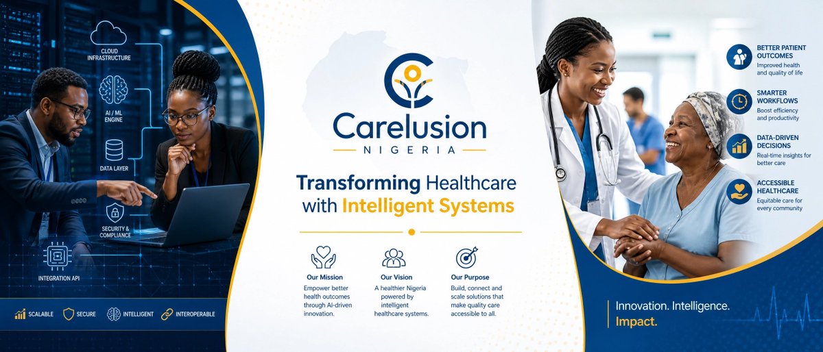 Carelusion's tweet photo. AI Architecture for Better Healthcare. Our intelligent systems integrate patient insights, diagnostic excellence, and predictive analytics—delivering smarter decisions, faster care, and better health outcomes across Nigeria.✓ AI-Powered Insights ✓ Secure. Compliant. Trusted. https://t.co/zNMhUMitI9