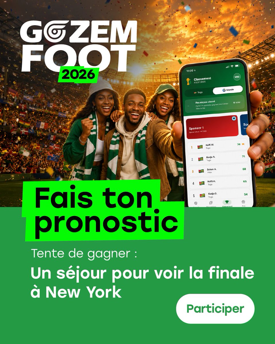 GozemGA's tweet photo. 🏆 Le meilleur pronostiqueur remportera un voyage exceptionnel !

✈️ Billet d’avion aller-retour
🏨 Séjour à l’hôtel
🎟️ Billet pour la finale
💵 250 USD d’argent de poche par jour sur place

#GozemGabon #CoupeDuMonde2026 #Foot #match https://t.co/fSthG5fW96