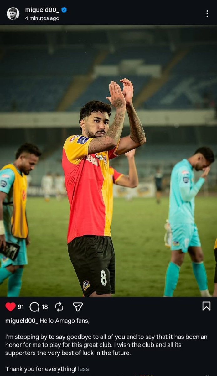 debasissen's tweet photo. Instagram post of Miguel Figueira. It was on the cards. Is it an indicator that Oscar Bruzon might not renew his contract with Red & Gold as well. Miguel joining arch-rivals Mohun Bagan looks a possibility now.
#TransferUpdate https://t.co/6GzKyKsCRe