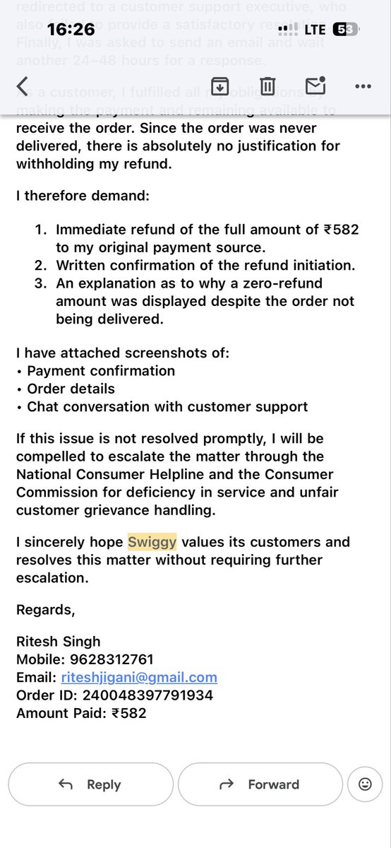 Supertrueworld's tweet photo. A customer should not have to fight for a refund on an order that was never delivered.

I have:
• Payment proof
• Chat transcripts
• Email correspondence

Still no refund from @Swiggy.

#Swiggy #CustomerServiceFail https://t.co/5NesS8RbTJ