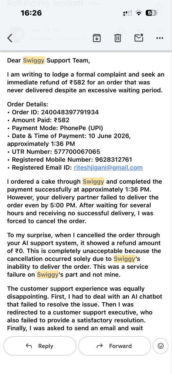 Supertrueworld's tweet photo. A customer should not have to fight for a refund on an order that was never delivered.

I have:
• Payment proof
• Chat transcripts
• Email correspondence

Still no refund from @Swiggy.

#Swiggy #CustomerServiceFail https://t.co/5NesS8RbTJ