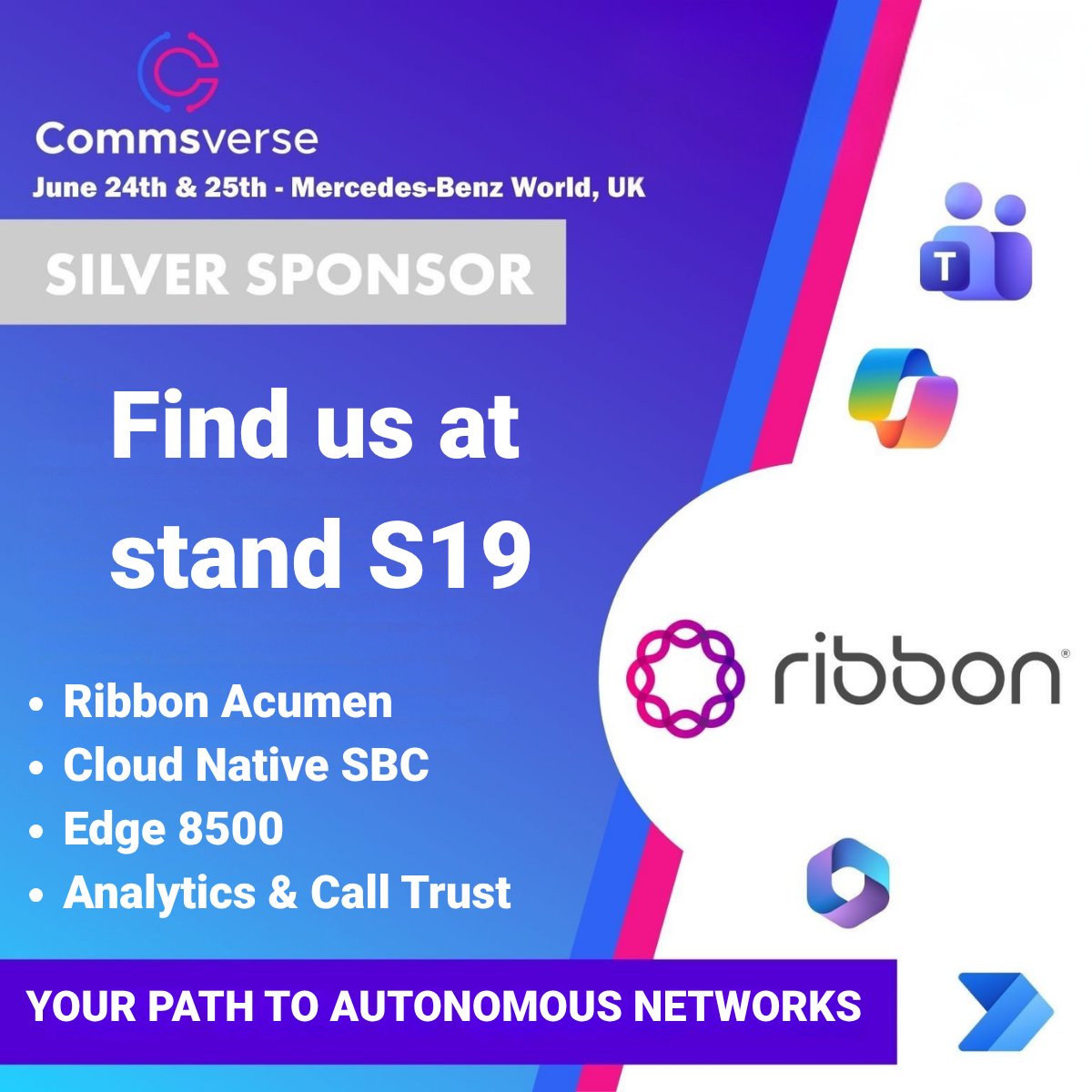ribboncomm's tweet photo. United Kingdom: Ribbon is a Silver Sponsor of @Commsverse.

👉 Interested in meeting with us? Schedule a time here: https://t.co/Khsfy5jQ8h.

ℹ️ If you haven’t yet partnered with Ribbon, now’s the perfect opportunity. Learn more here: https://t.co/ANStvCfydF. https://t.co/nKKBiOh5Z6